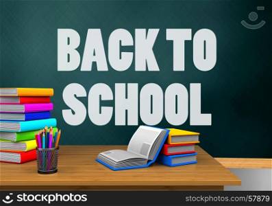 3d illustration of schoolboard with back to school text and books. 3d desktop