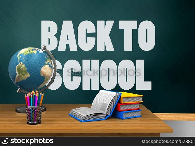 3d illustration of schoolboard with back to school text and books. 3d globe