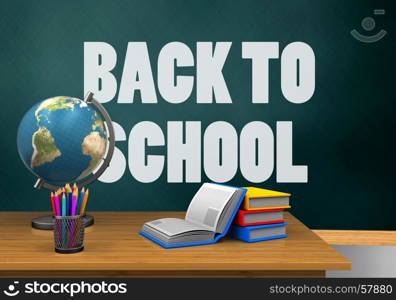 3d illustration of schoolboard with back to school text and books. 3d globe