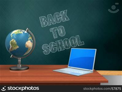 3d illustration of schoolboard with back to school text and computer. 3d teacher desk