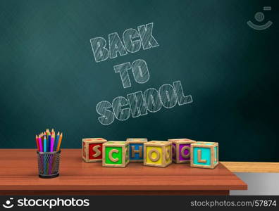 3d illustration of schoolboard with back to school text and letters cubes. 3d blank