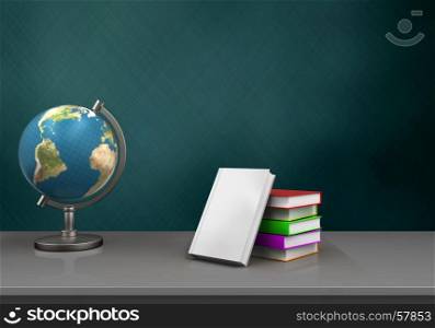 3d illustration of schoolboard with books stackt and globe. 3d blank