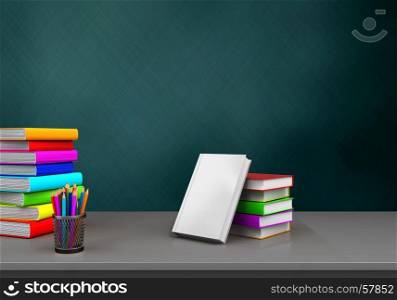 3d illustration of schoolboard with books stackt and pile of literature. 3d pencils