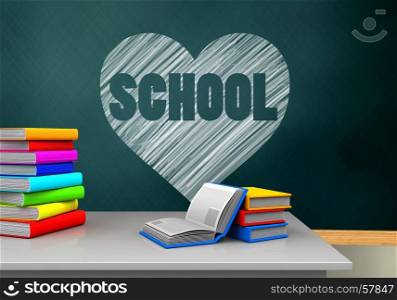 3d illustration of schoolboard with heart and school text and books. 3d books