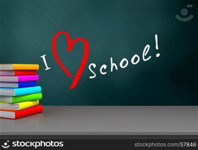3d illustration of schoolboard with love school text and. 3d gray table