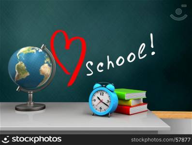 3d illustration of schoolboard with love school text and alarm clock. 3d globe