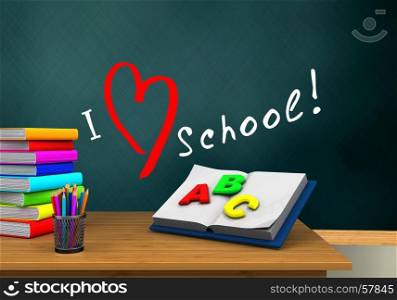 3d illustration of schoolboard with love school text and opened textbook. 3d schoolboard