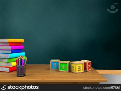 3d illustration of schoolboard with math cubes and pile of literature. 3d desktop