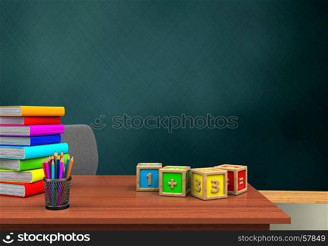 3d illustration of schoolboard with math cubes and pile of literature. 3d math cubes