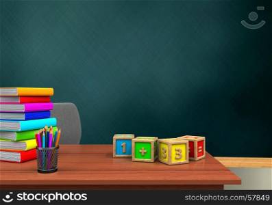 3d illustration of schoolboard with math cubes and pile of literature. 3d math cubes