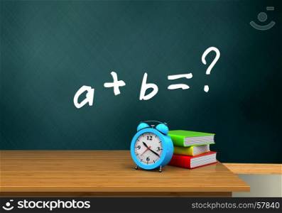 3d illustration of schoolboard with math exercise text and alarm clock. 3d blank