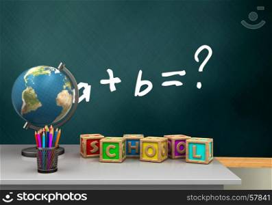 3d illustration of schoolboard with math exercise text and letters cubes. 3d schoolboard