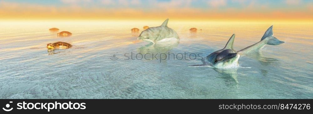 3d illustration of sea turtle and dolphin, aquatic life