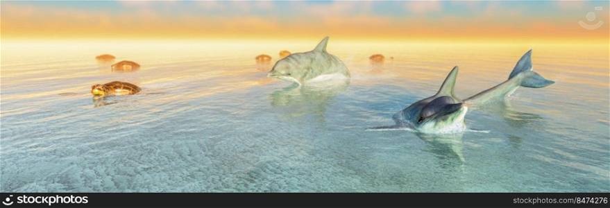 3d illustration of sea turtle and dolphin, aquatic life
