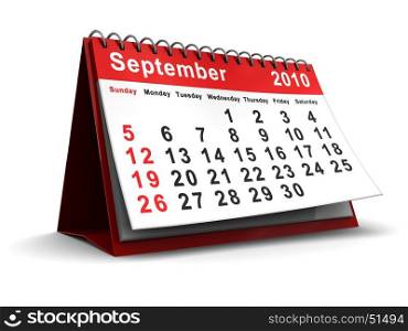 3d illustration of september 2010 calendar over white background