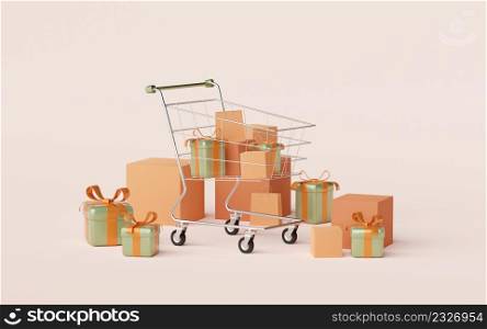 3d illustration of Shopping cart with gift box, banner of advertisement