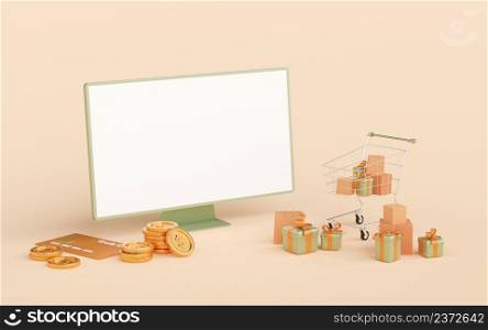 3d illustration of shopping online concept, blank screen laptop with giftbox and shopping bag