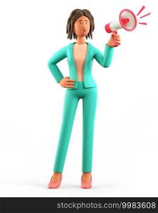 3D illustration of shouting african american woman holding a speaker. Cute cartoon businesswoman in green suit announcing over the loudspeaker, isolated on white. Business advertising concept.