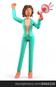 3D illustration of shouting african american woman holding a speaker. Cute cartoon businesswoman in green suit announcing over the loudspeaker by raising her knuckle, isolated on white background.