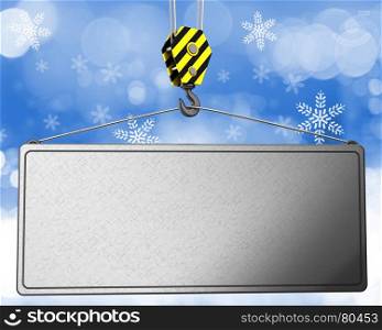 3d illustration of sign with crane hook over snow background. 3d crane hook with sign