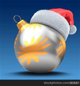 3d illustration of silver Christmas ball over blue background with golden flowers ornament and Christmas hat