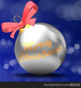 3d illustration of silver Christmas ball over bokeh blue background with Merry Christmas text and red ribbon