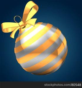 3d illustration of silver Christmas ball over dark blue background with diagonal lines and yellow ribbon