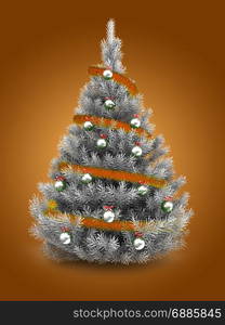 3d illustration of silver Christmas tree over orange background with orange tinsel and metallic balls