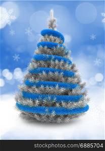 3d illustration of silver Christmas tree over snow background with blue tinslel