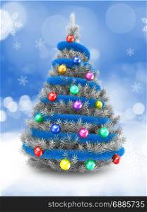 3d illustration of silver Christmas tree over snow background with blue tinslel and colorful balls