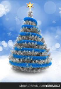 3d illustration of silver Christmas tree over snow background with blue tinslel and golden star