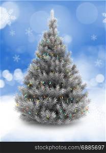 3d illustration of silver Christmas tree over snow background with lights