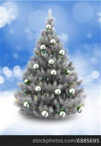 3d illustration of silver Christmas tree over snow background with lights and silver balls