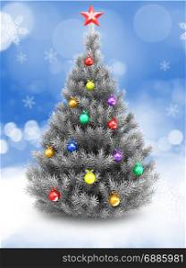 3d illustration of silver Christmas tree over snow background with red star and glass balls