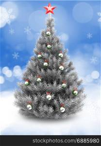 3d illustration of silver Christmas tree over snow background with red star and metallic balls