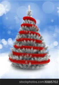 3d illustration of silver Christmas tree over snow background with red tinsel
