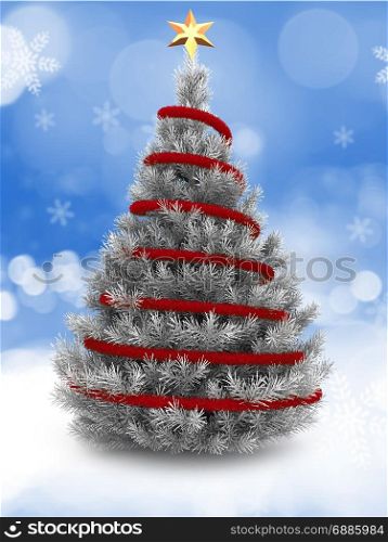 3d illustration of silver Christmas tree over snow background with red tinsel and golden star