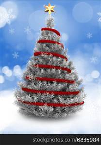 3d illustration of silver Christmas tree over snow background with red tinsel and golden star