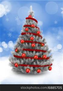 3d illustration of silver Christmas tree over snow background with red tinsel and red balls