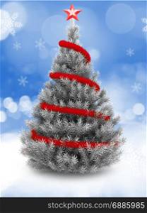 3d illustration of silver Christmas tree over snow background with red tinsel and red star
