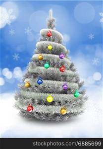 3d illustration of silver Christmas tree over snow background with tinslel and glass balls