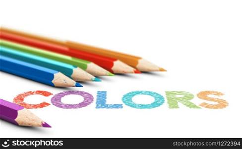3D illustration of six wooden color pencils with the word colors over white background. Using Colors, 6 Wooden Pencils Over White Background