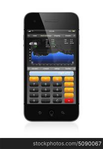 3D illustration of smart phone with stock market application and calculator on screen