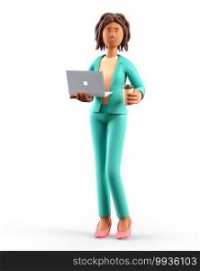 3D illustration of smiling african american woman holding laptop and paper coffee cup. Cute cartoon standing elegant businesswoman in green suit, isolated on white background. Office work concept.