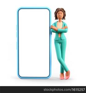 3D illustration of smiling african american woman leaning against the big phone with blank screen. Cartoon standing elegant businesswoman and giant smartphone, isolated on white background.