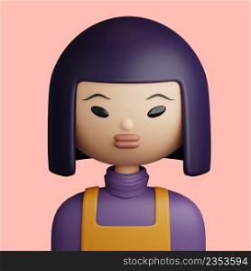 3D illustration of smiling asian woman. Cartoon close up portrait of standing asian woman on a pink background. 3D Avatar for ui ux.