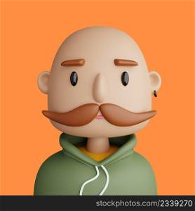 3D illustration of smiling bald caucasian man. Cartoon close up portrait of standing caucasian man on a orange background. 3D Avatar for ui ux.