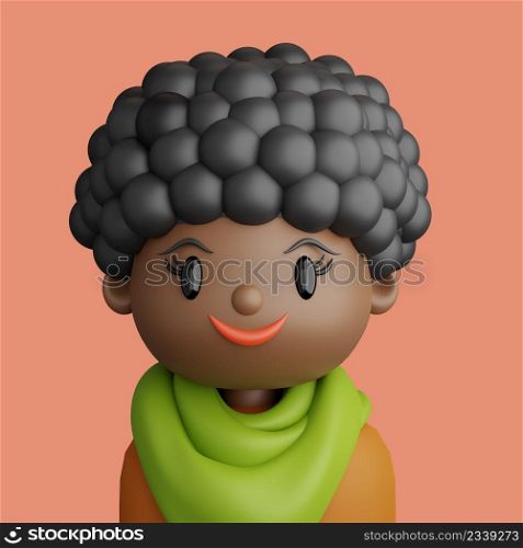 3D illustration of smiling black woman. Cartoon close up portrait of standing black woman on a peach. background. 3D Avatar for ui ux.