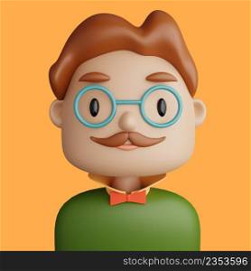 3D illustration of smiling caucasian man. Cartoon close up portrait of standing caucasian man with moustache on a yellow background. 3D Avatar for ui ux.