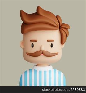 3D illustration of smiling caucasian man. Cartoon close up portrait of standing caucazian man with mustache on a gray background. 3D Avatar for ui ux.